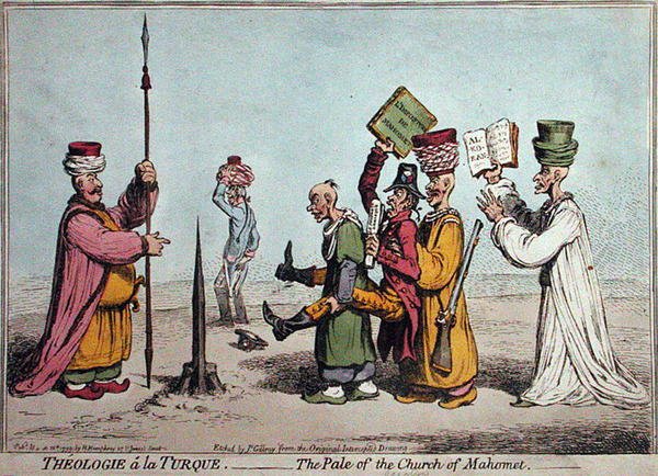Theologie a la Turque, The Pale of the Church Mahomet, publicado por Hannah Humphrey em 1799 (gravura colorida à mão) de James Gillray