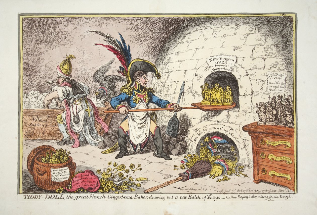 Tiddy-Doll, o grande Gingerbread-Baker francês, desenhando um novo Lote de Reis. - seu Man Hopping Talley, misturando o pub Dough. 1806 (gravura colorida à mão) de James Gillray