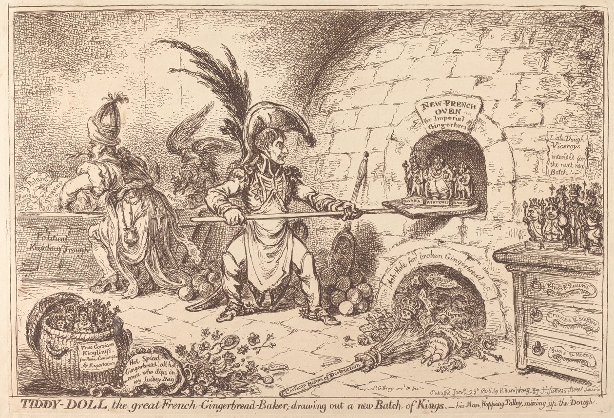 Tiddy-Doll, a grande Padeira de Pão de Gengibre, a preparar uma nova fornada de Reis de James Gillray