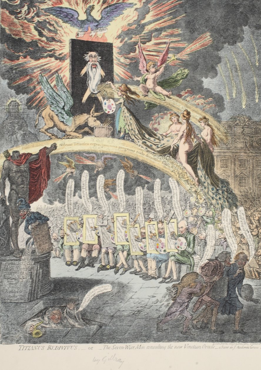 Titianus Redivivus ou os Sete Sábios, consultando o novo Oráculo de Veneza, uma cena no "Grove Academic No.1", pub por H. Humphrey novembro de 1797 (gravura colorida à mão) de James Gillray