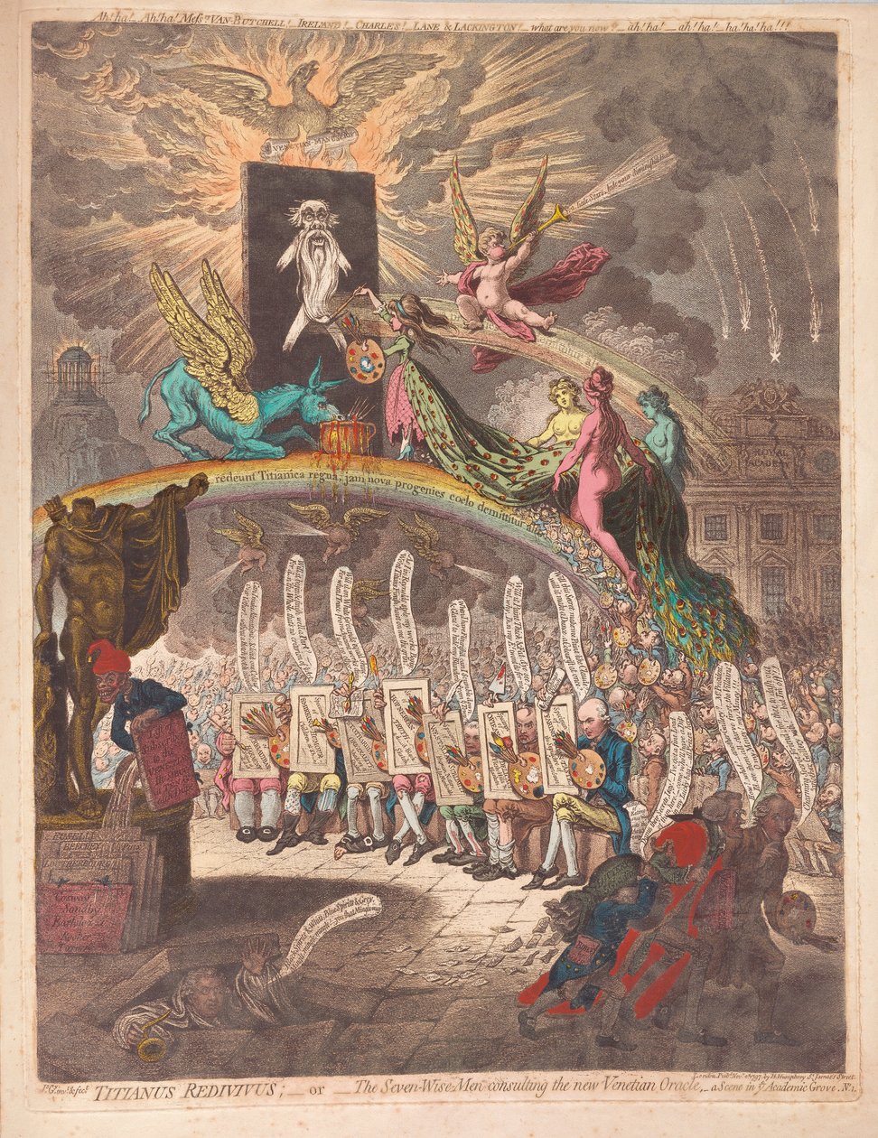 Titianus Redivivus ou os Sete Sábios, consultando o novo Oráculo de Veneza, uma cena em Academic Grove No.1, pub. 1797 (gravura colorida à mão) de James Gillray