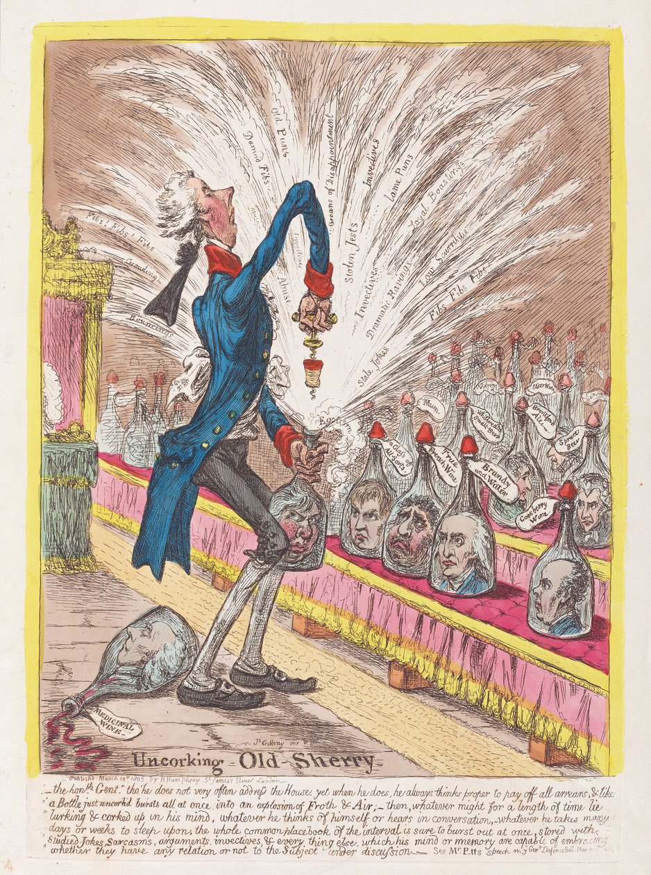 Desarrolhando a xerez velha, bar. 1805 (gravura colorida à mão) de James Gillray