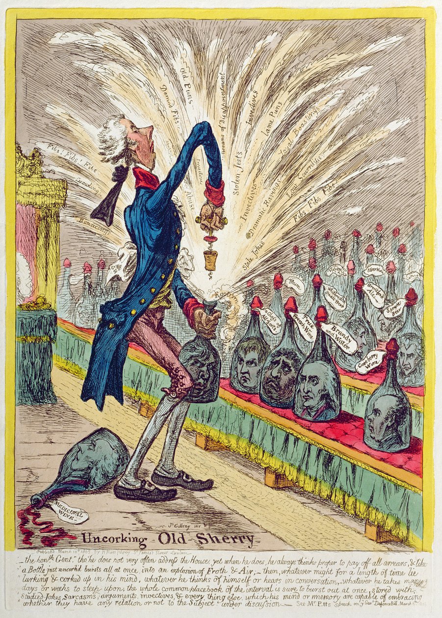 Uncorking Old Sherry, publicado por Hannah Humphrey em 1805 (gravura à mão colorida) de James Gillray