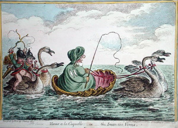 Venus a la Coquelle, ou A Vénus do Mar de Cisnes, publicado por Hannah Humphrey em 1809 (gravura colorida à mão) de James Gillray