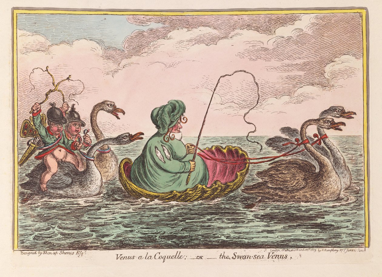 Vênus a la Coquelle; ou o Swan-sea Venus, pub. 1809 (gravura colorida à mão) de James Gillray
