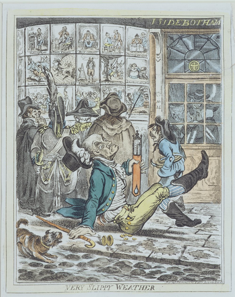 Very Slippy Weather, gravado por J. Sidebotham (cor litho) de James Gillray