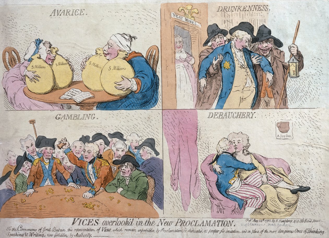 Vícios Negligenciados na Nova Proclamação, publicado por Hannah Humphrey, 1792 (gravura à mão colorida) de James Gillray