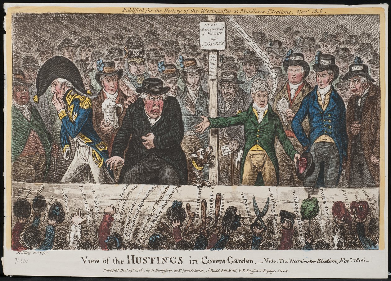 Vista do Hustings em Covent Garden - Vide. A Eleição de Westminster, novembro de 1806 de James Gillray