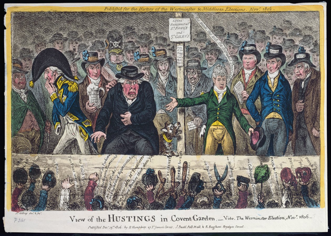 Vista do Hustings em Covent Garden, publicado por Hannah Humphrey em 1806 (gravura à mão colorida com aquatint) de James Gillray