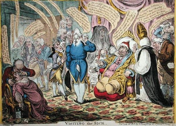 Visiting the Sick, publicado por Hannah Humphrey em 1806 (gravura colorida à mão) de James Gillray