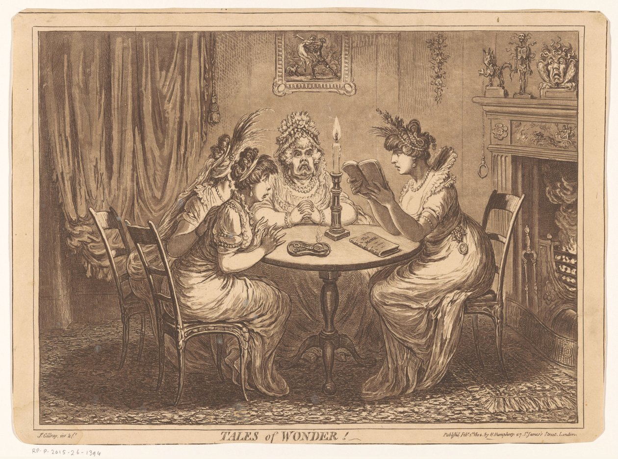 A mulher lê um romance de terror Contos de Maravilha! (título no objeto) de James Gillray