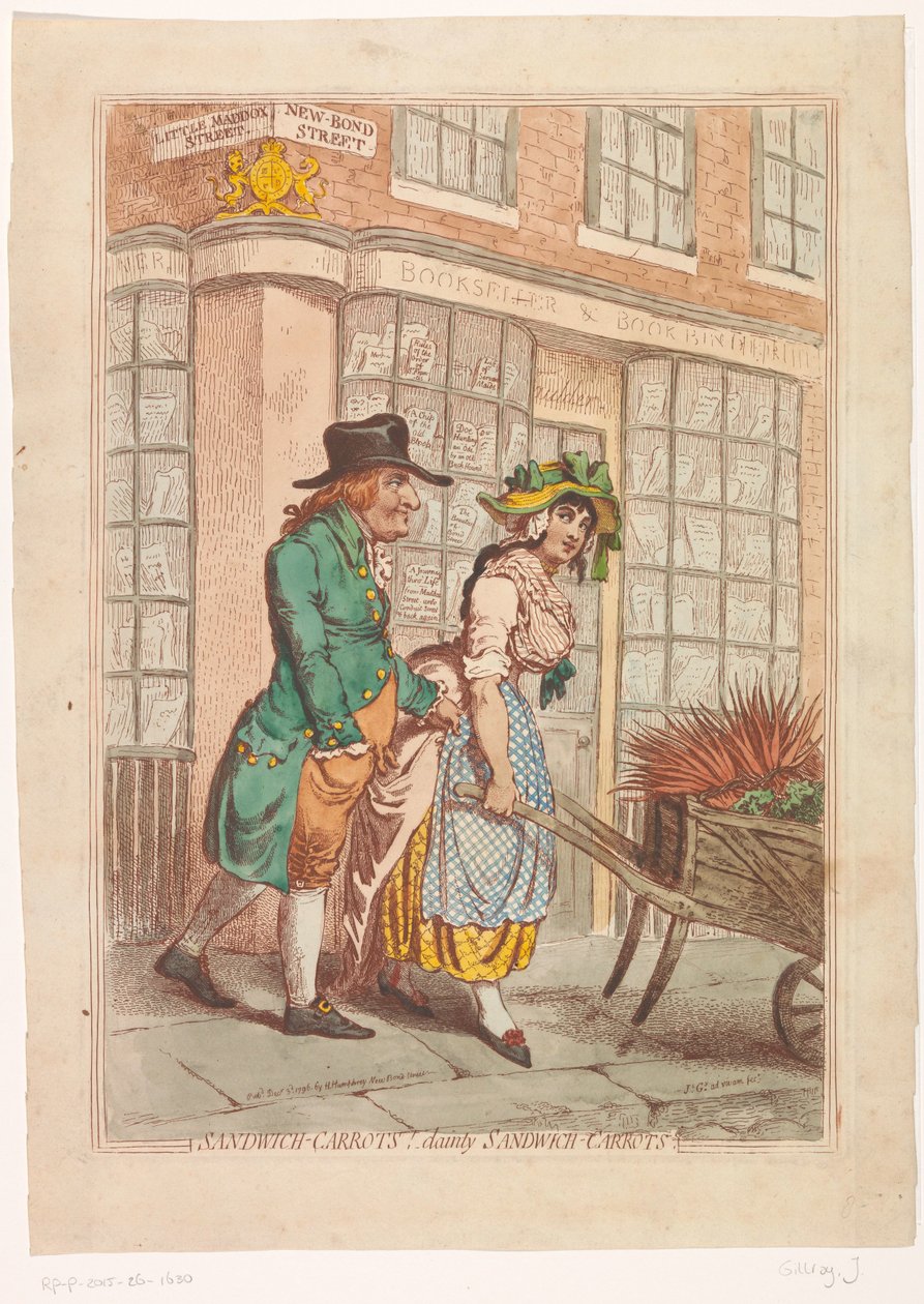 Mulher com um carrinho de mão de cenoura em frente à montra da livraria Robert Faulder em Londres
Cenouras-sanduíche! cenouras-sanduíche delicadas (título sobre o objecto) de James Gillray