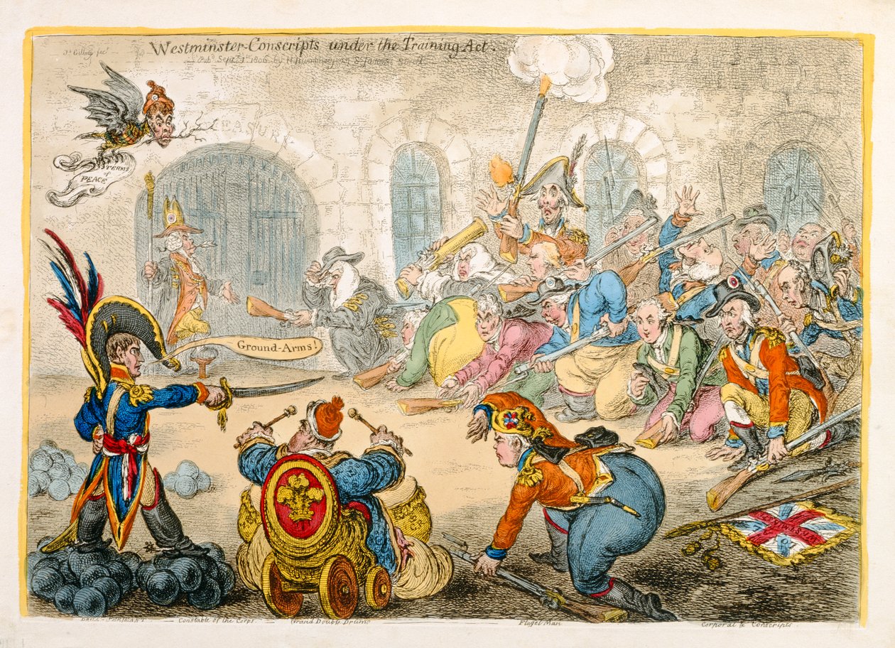 Conscritos de Westminster sob o Ato de Treinamento, publicado por Hannah Humphrey em 1806 (gravura à mão colorida) de James Gillray