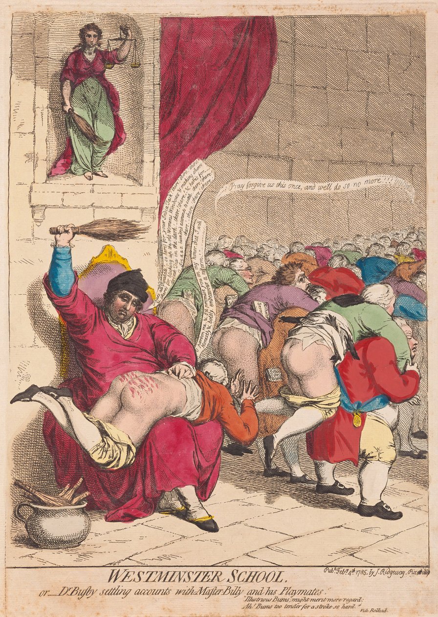 Escola de Westminster ou Dr Busby, estabelecendo contas com o Mestre Billy e seus companheiros de brincadeira, pub. 1785 (gravura colorida à mão) de James Gillray