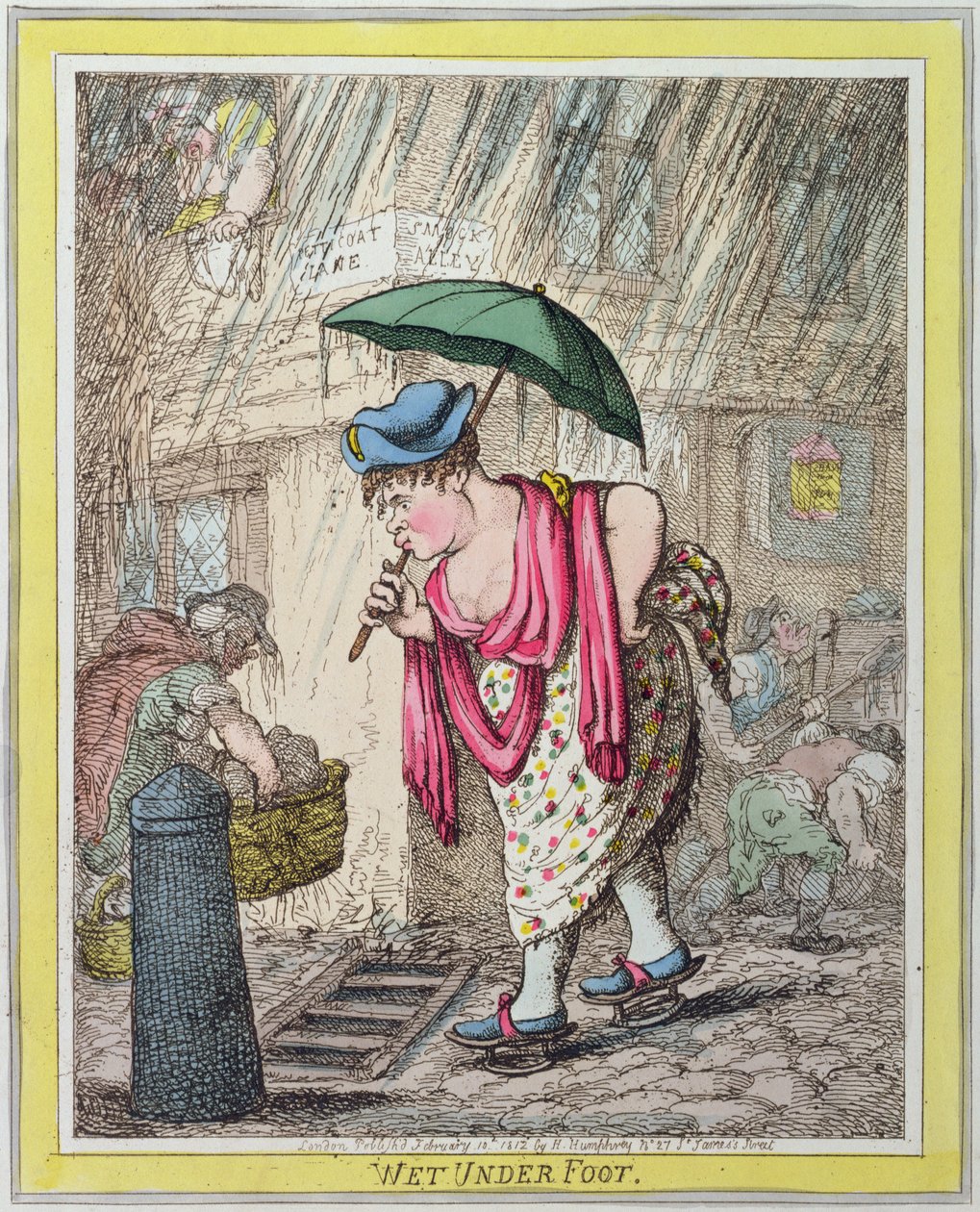 Wet Under Foot, publicado por Hannah Humphrey em 1812 (gravura à mão colorida) de James Gillray