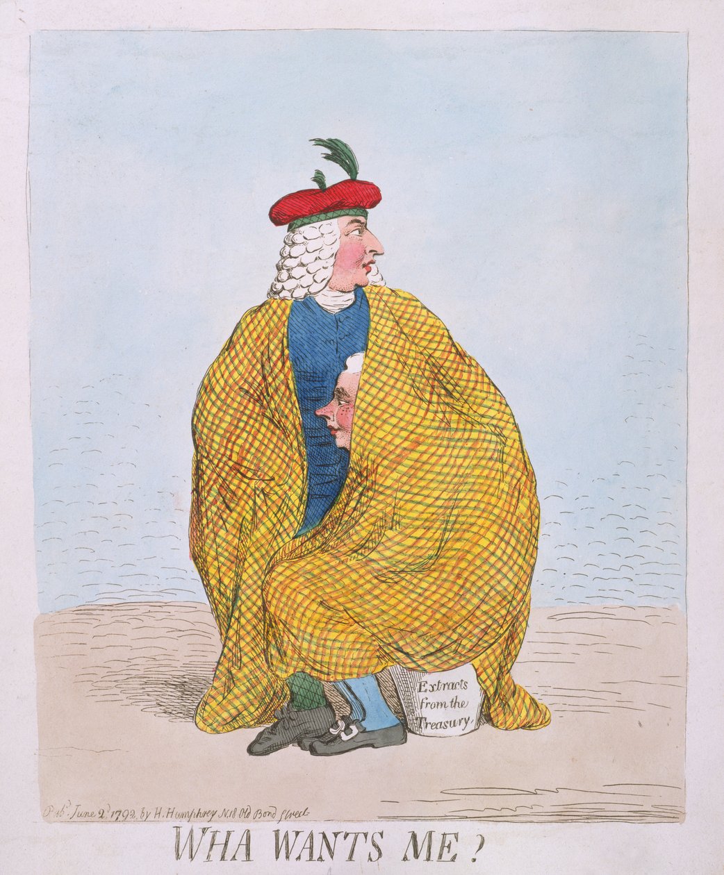 Wha Wants Me publicado por Hannah Humphrey em 1792 (gravura à mão colorida) de James Gillray