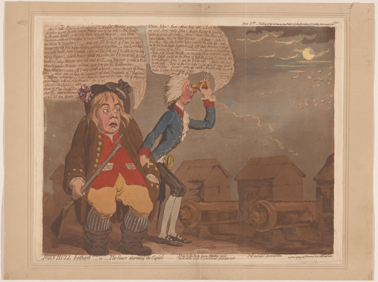 William Pitt e John Bull temem uma invasão John Bull incomodado:-ou-os gansos alarmando o Capitólio (título no objeto) de James Gillray