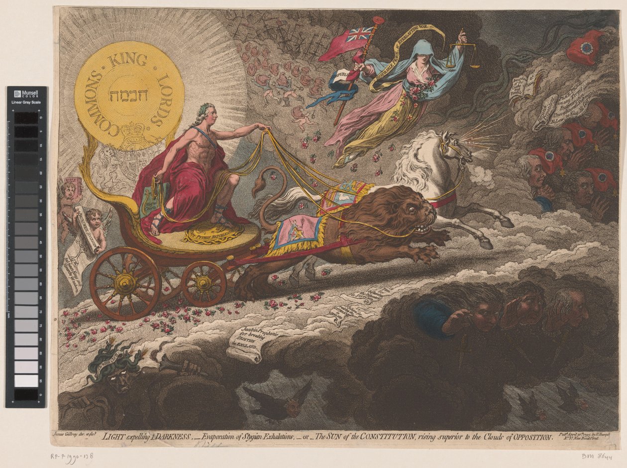 William Pitt verdijft de duistere krachten, 1795 Luz Expelindo escuridão, - evaporação de exalações estígias, - ou - O sol da constituição, subindo acima das nuvens de oposição (título no objeto) de James Gillray
