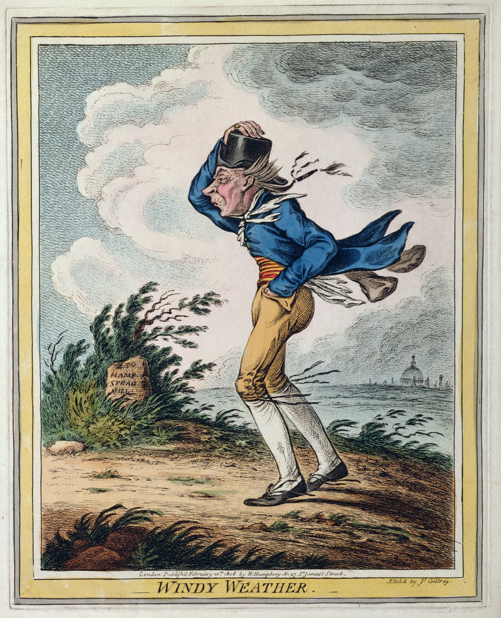 Windy Weather, publicado por Hannah Humphrey em 1808 (gravura à mão colorida) de James Gillray