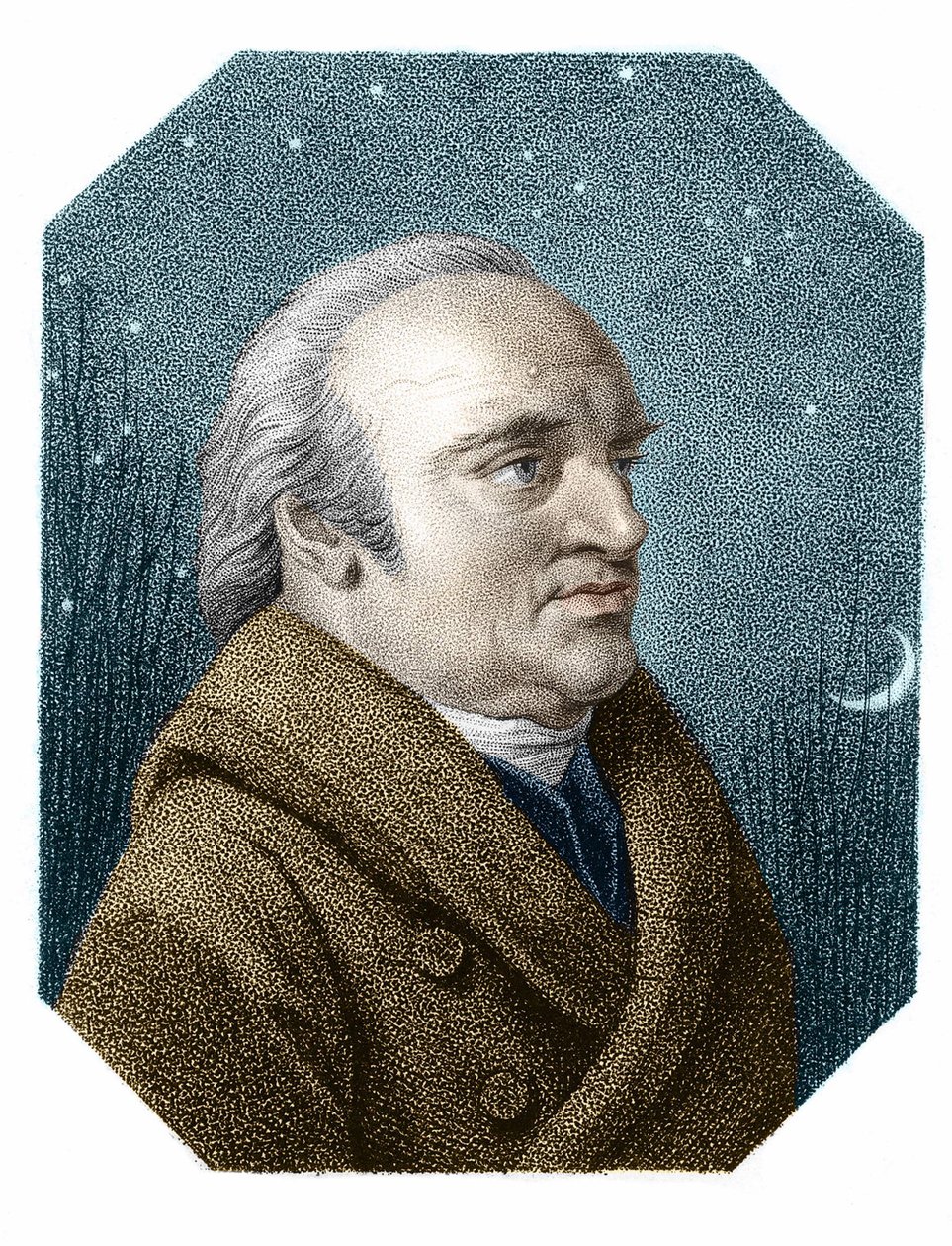 Retrato de William Herschel (1738 - 1822) sobre um fundo de céu estrelado - de uma gravura de cobre de James Godby de James Godby
