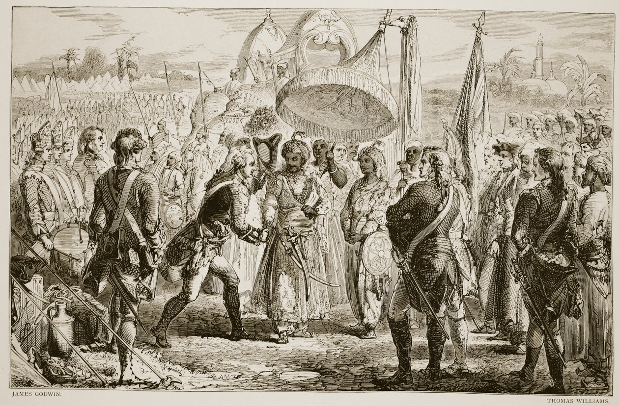 A reunião de Lord Clive com Meer Jaffier, após a Batalha de Plassey, gravada por Thomas Williams de James Godwin