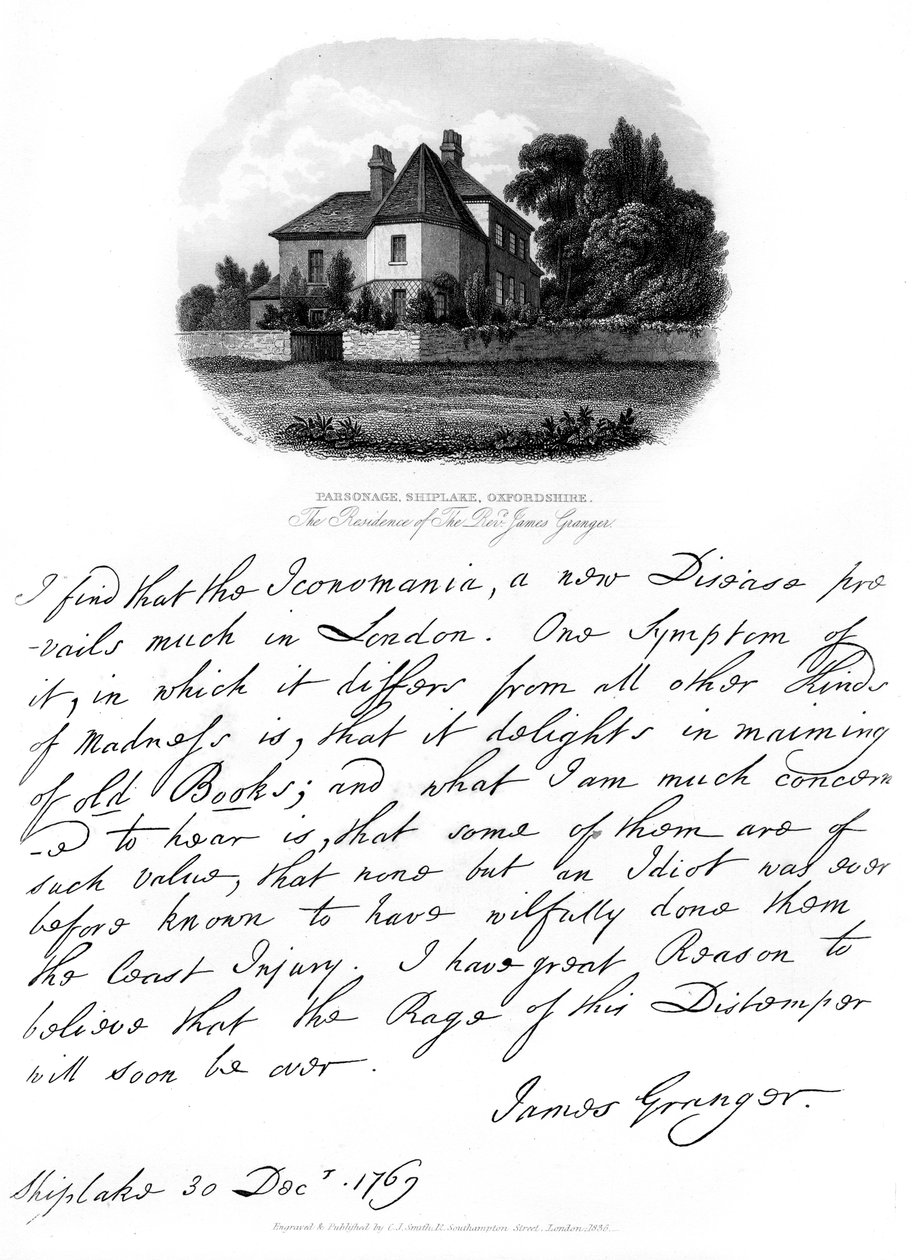 Uma carta do reverendo James Granger e uma vista de sua residência em Shiplake, 1769, 1840 de James Granger