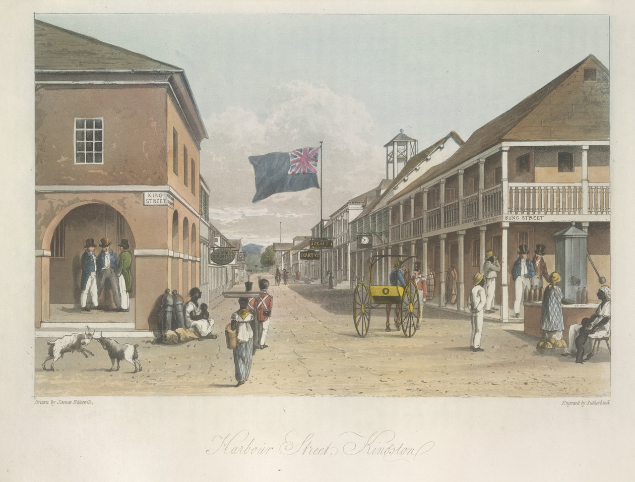 Vista da Harbour Street, Kingston (olhando para o leste) de A pitoresca Tour in the Island of Jamaica, a partir de desenhos feitos nos anos de 1820 e 1821. de James Hakewill