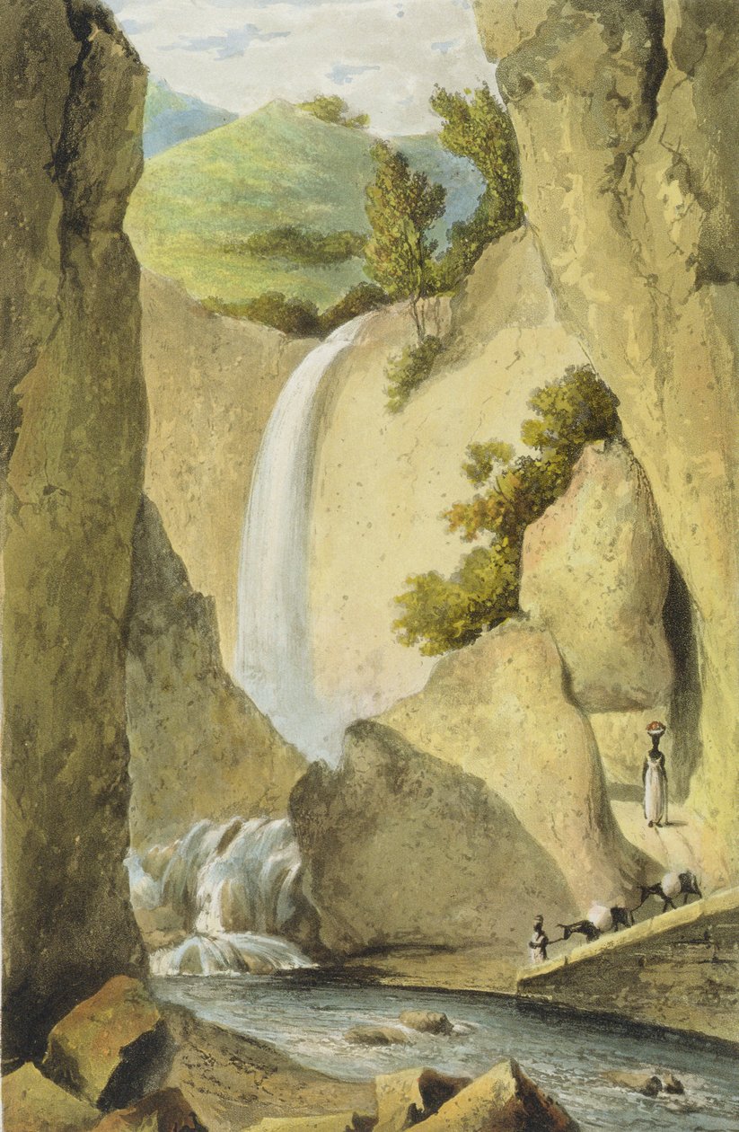 Cachoeira na estrada de barlavento perto de Kingston, de &39;uma excursão pitoresca da ilha da Jamaica&39;, gravada por Thomas Sutherland, 1824 de James Hakewill