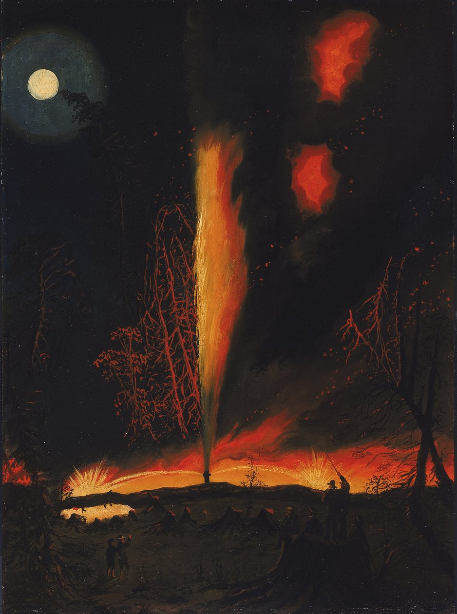 Poço de petróleo a arder à noite, perto de Rouseville, Pensilvânia de James Hamilton