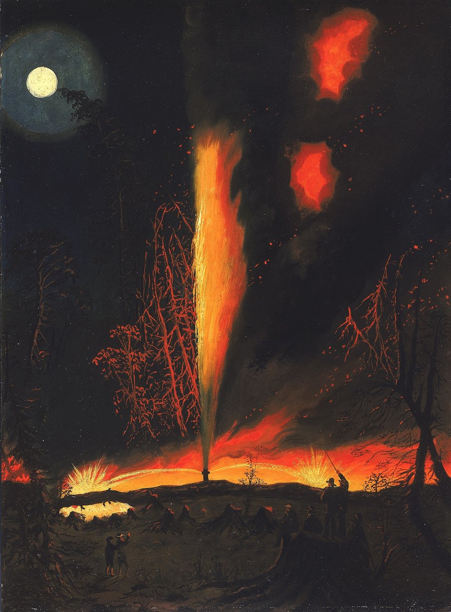Poço de petróleo a arder à noite, perto de Rouseville, Pensilvânia de James Hamilton