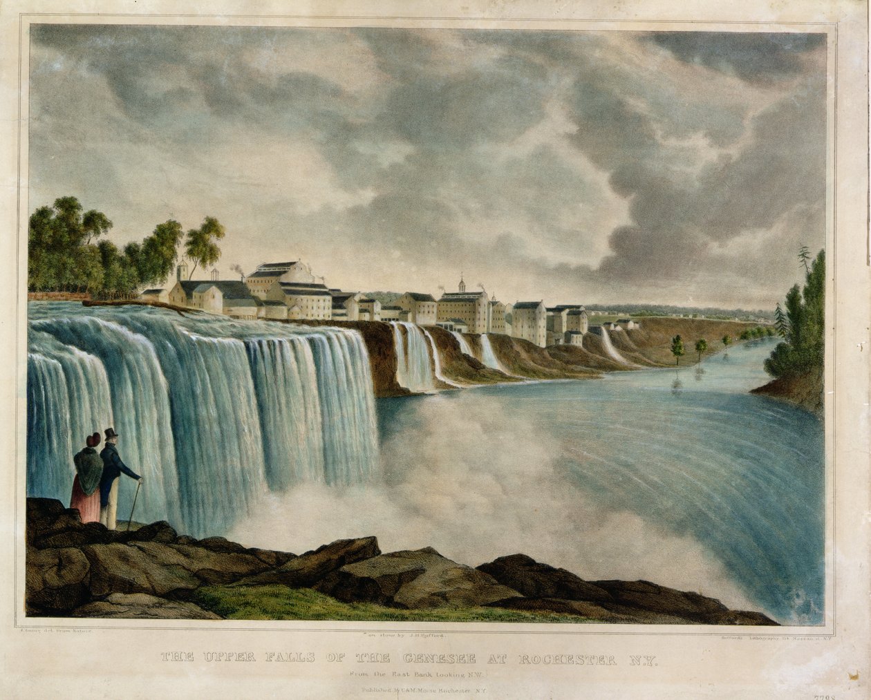 A parte superior cai do Genesee em Rochester, Nova Iorque, gravada por J. Bufford (1810-70) (gravura de cor) de James Harvey Young