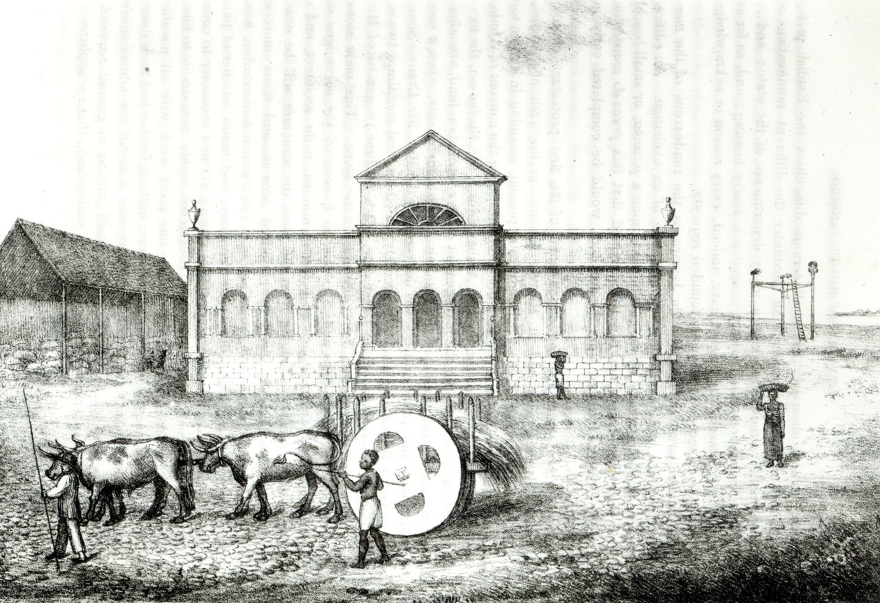 O Rio Exchange, um Trapiche Público, um Wagon Grass and the Gallows, ilustração de "Uma História do Brasil", de James Henderson, publicado em Londres em 1821 de James Henderson