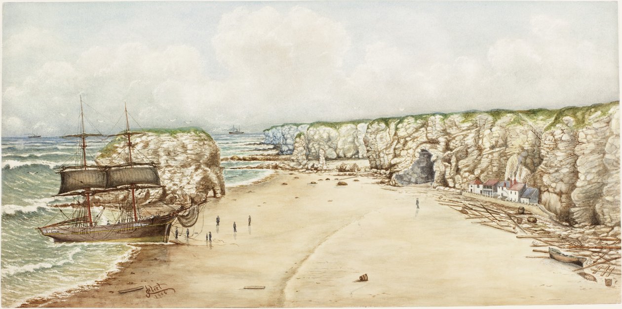 Brig encalhado em Marsden Rock (aquarela, bodycolour e lápis no papel no cartão)) de James Henry Cleet