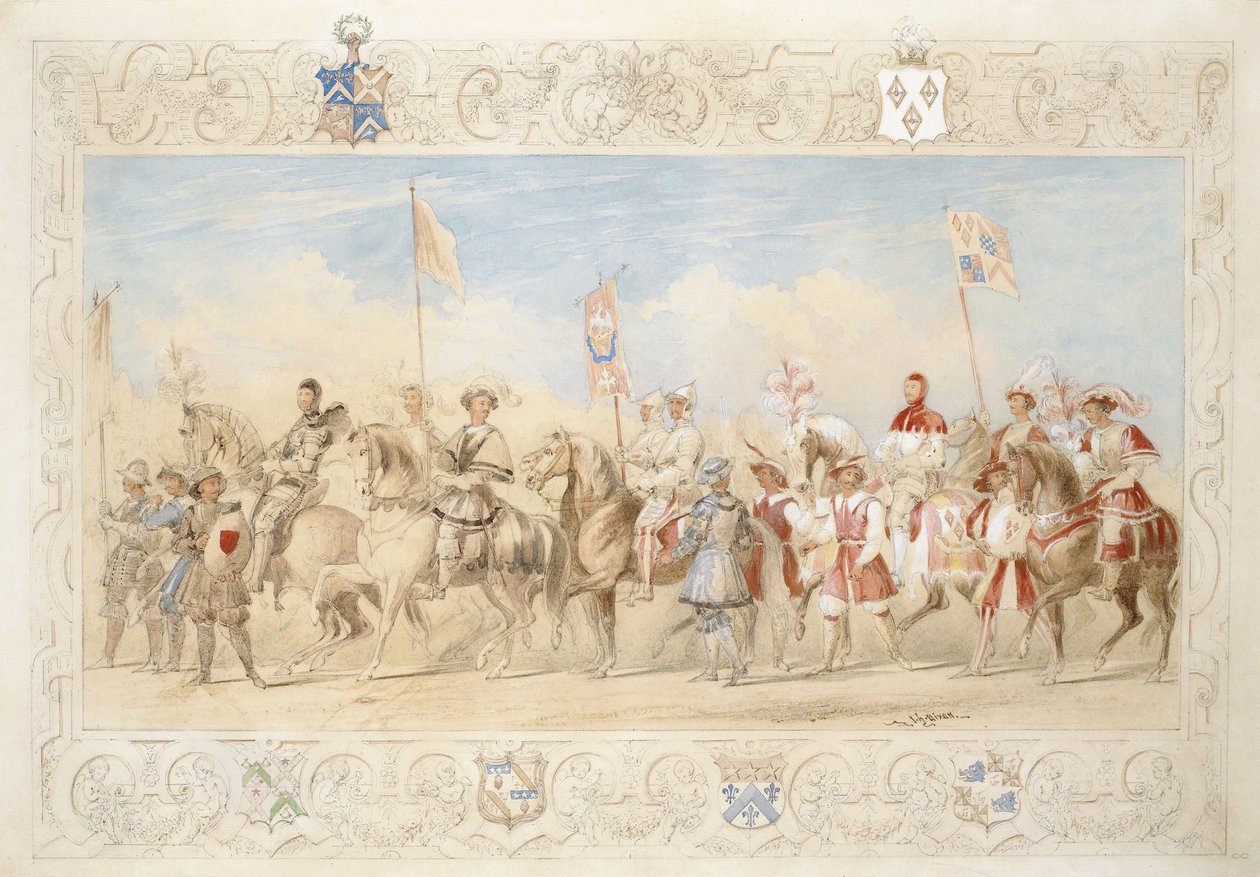 Walter Little Gilmour Esq., O Cavaleiro Negro e Hon. Edward Stafford Jerningham, Cavaleiro do Cisne, 1839 (lápis, wc e guache sobre papel) de James Henry Nixon