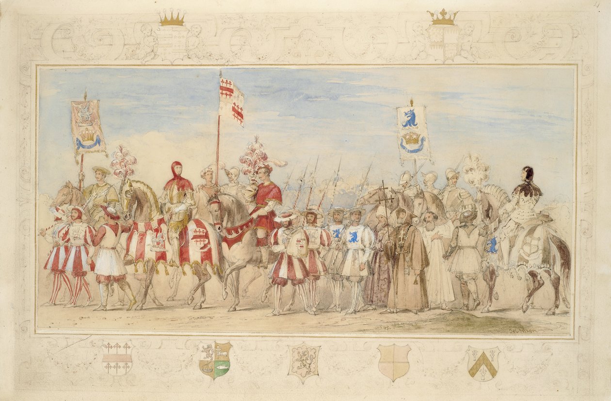 William Earl de Craven, Cavaleiro do Grifo e Henry de la Poer Beresford, marquês de Waterford, Cavaleiro do Dragão, 1839 (lápis, wc, guache e tinta dourada sobre papel) (ver também 366230) de James Henry Nixon