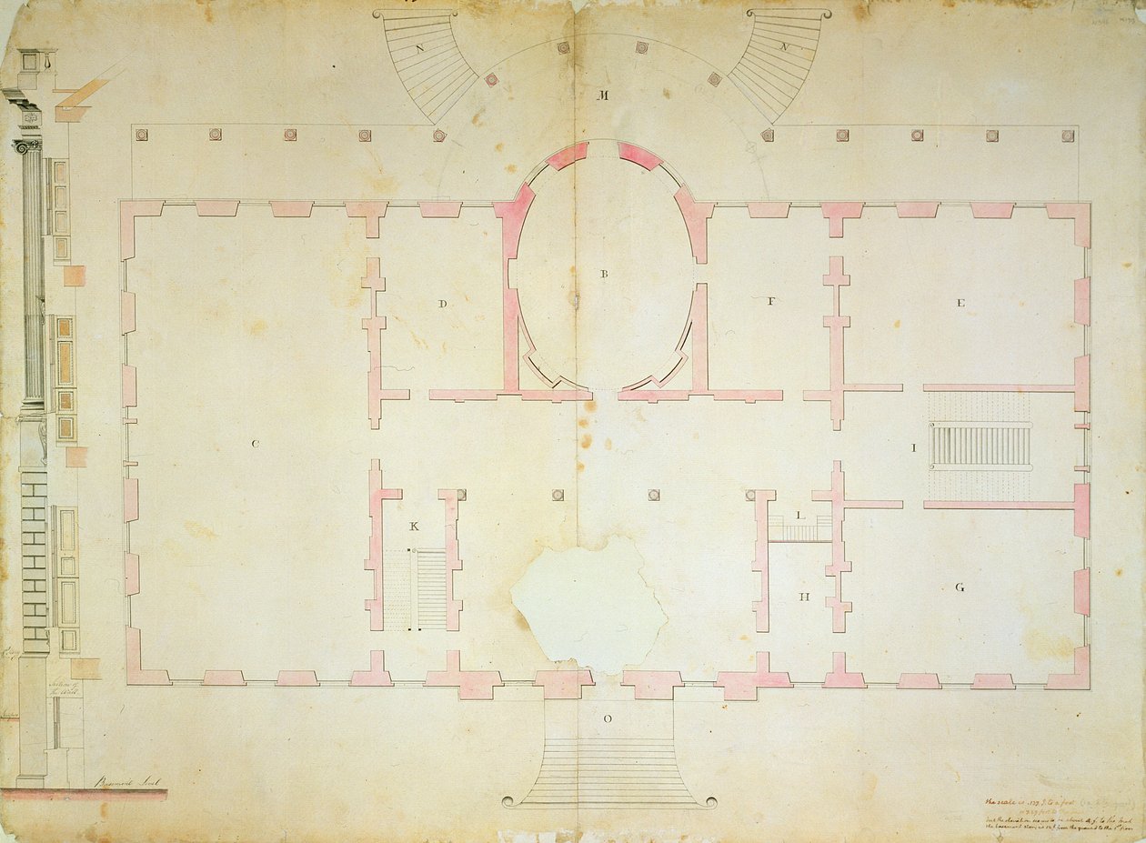 Plano da Casa dos Presidentes, Washington, 1792 (lavagem de tinta e lápis sobre papel) de James Hoban