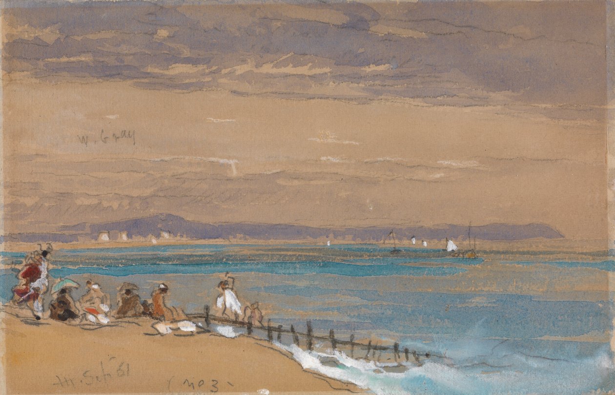 Cena de praia com figuras por um quebra-mar de James Holland