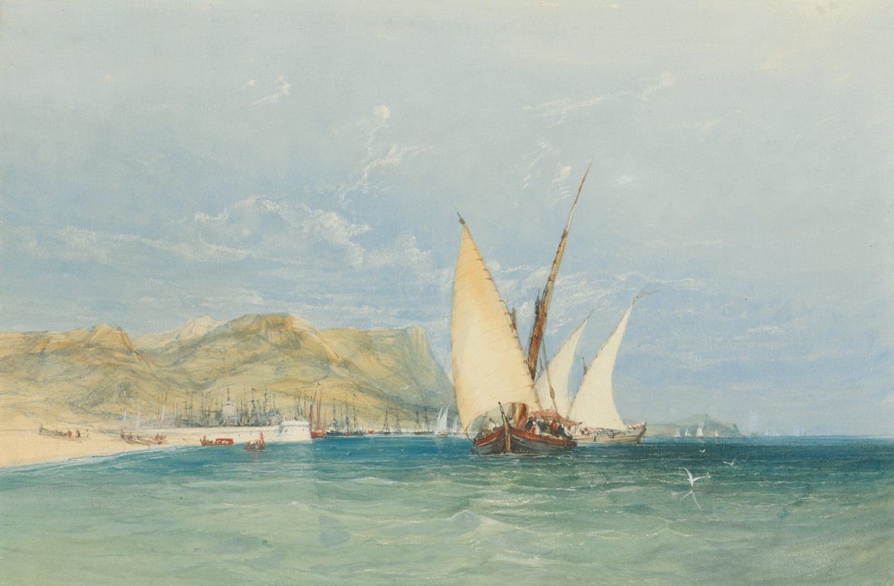 Cena da Costa com Barcos à Vela de James Holland