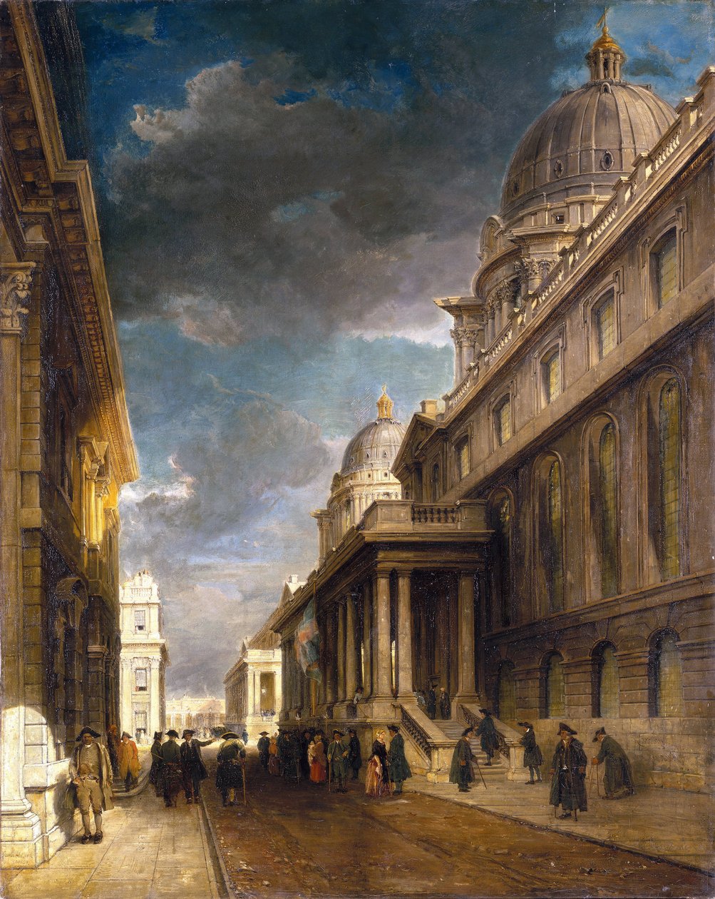 Greenwich Hospital (Inglaterra) (atualmente College Walk), visto de oeste em direção à Grand Square. Óleo sobre tela de James Holland