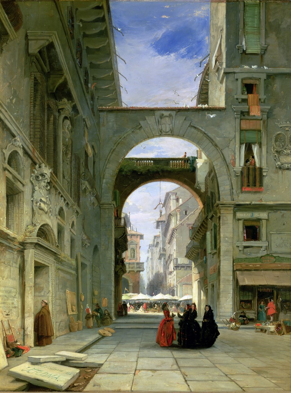 Piazza dei Signori em Verona com o Market Place, 1844 de James Holland