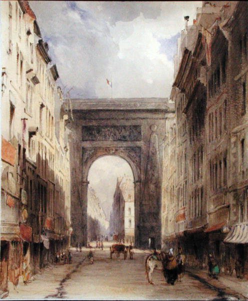 Rue Vivienne e Porte St. Denis, Paris, c.1830 (aguarela sobre papel) de James Holland