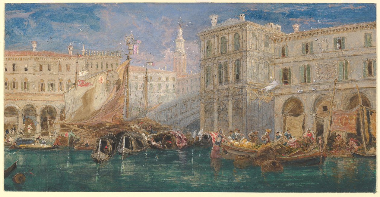 O mercado das laranjas, com a Ponte de Rialto ao fundo, em Veneza de James Holland