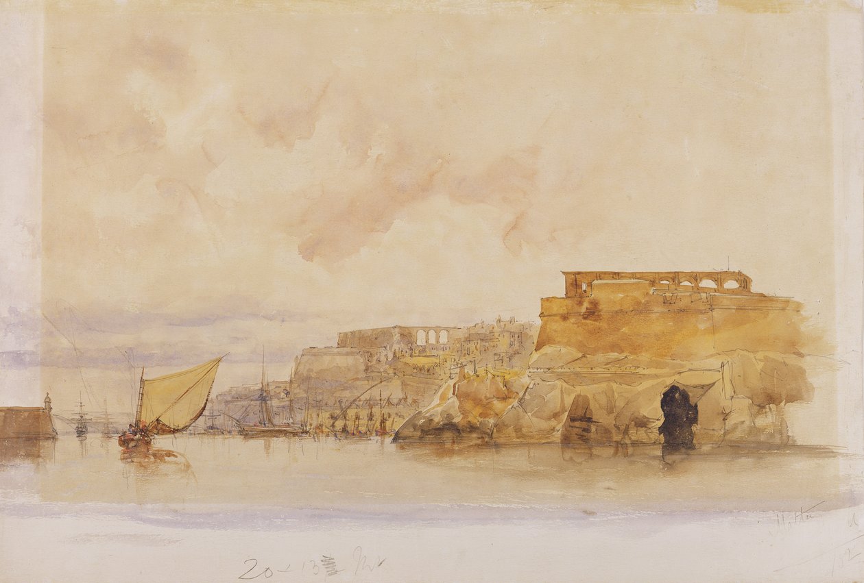 Vista de Valetta, Malta (aquarela com cor do corpo sobre grafite no papel) de James Holland