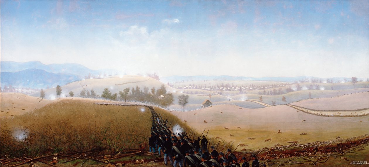 O 7º Maine a avançar sobre corpos de Confederados na "Sunken Road" (óleo sobre tela) de James Hope