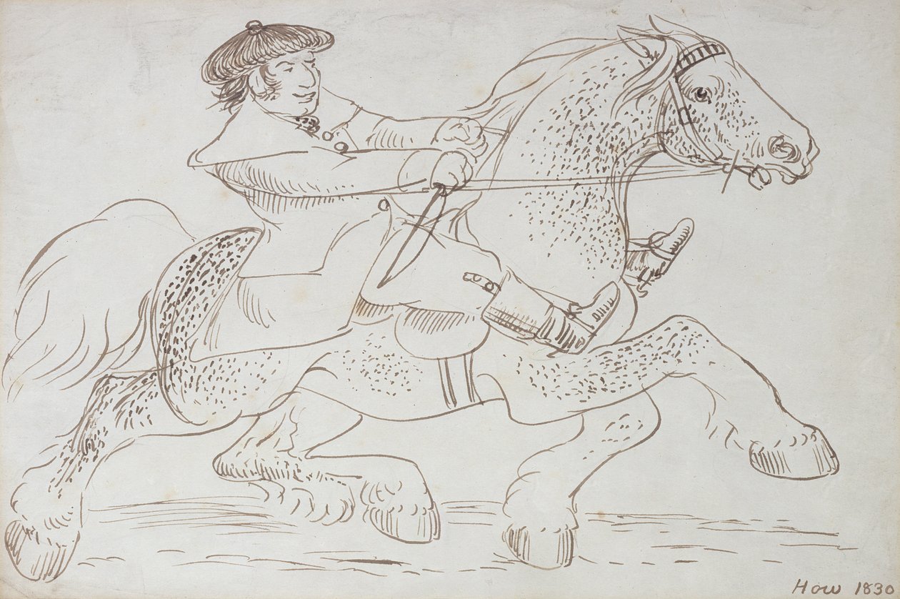 Um negociante de cavalos coloca um jovem Clydesdale em seus vestíbulos, 1830 (tinta sépia sobre papel) de James Howe