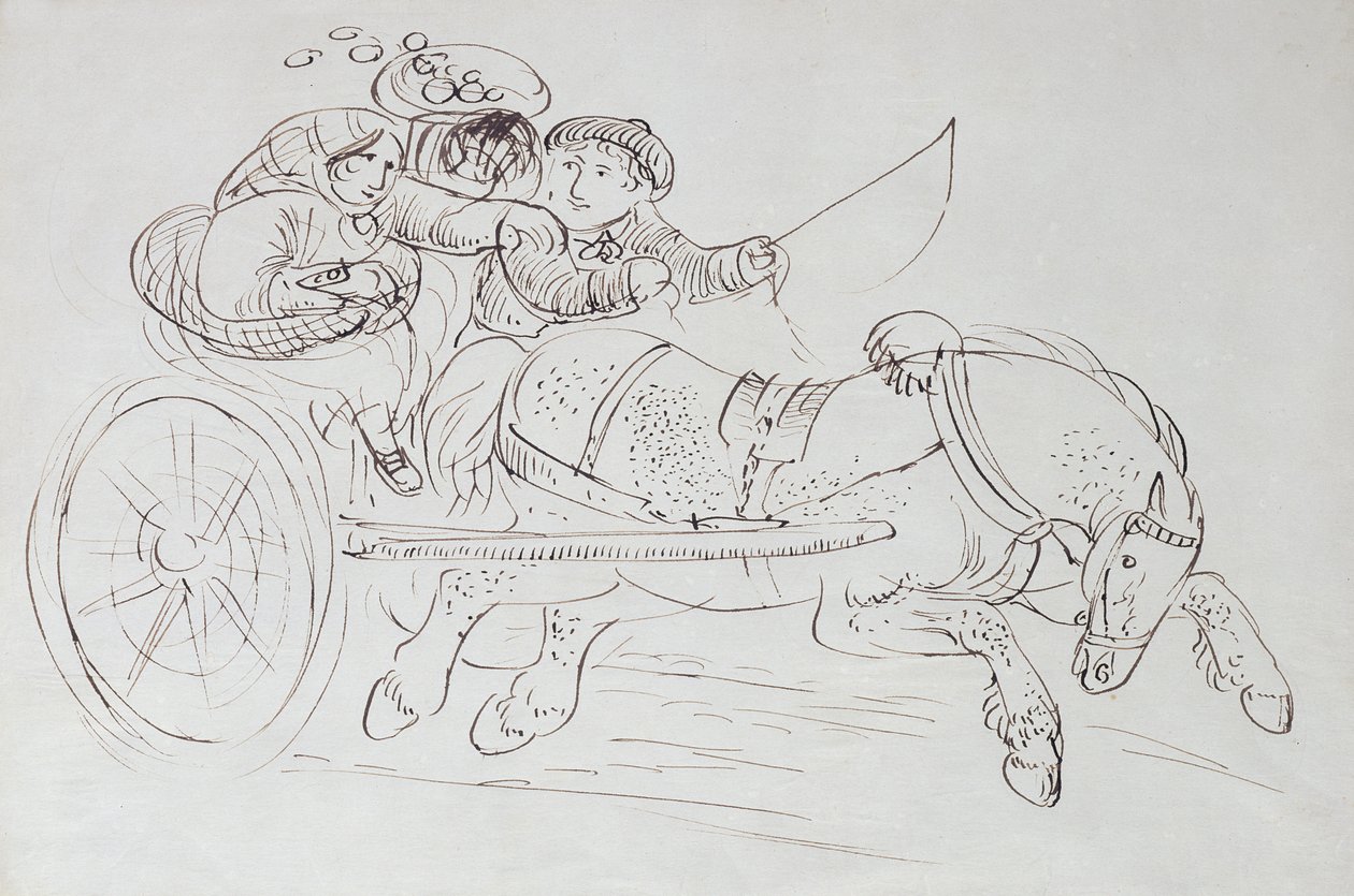 Casal em uma carruagem puxada por um cavalo (tinta sépia no papel) de James Howe