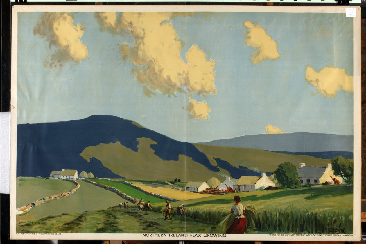Irlanda do Norte - Cultura do linho, da série "The Home Countries First" (litografia a cores) de James Humbert Craig