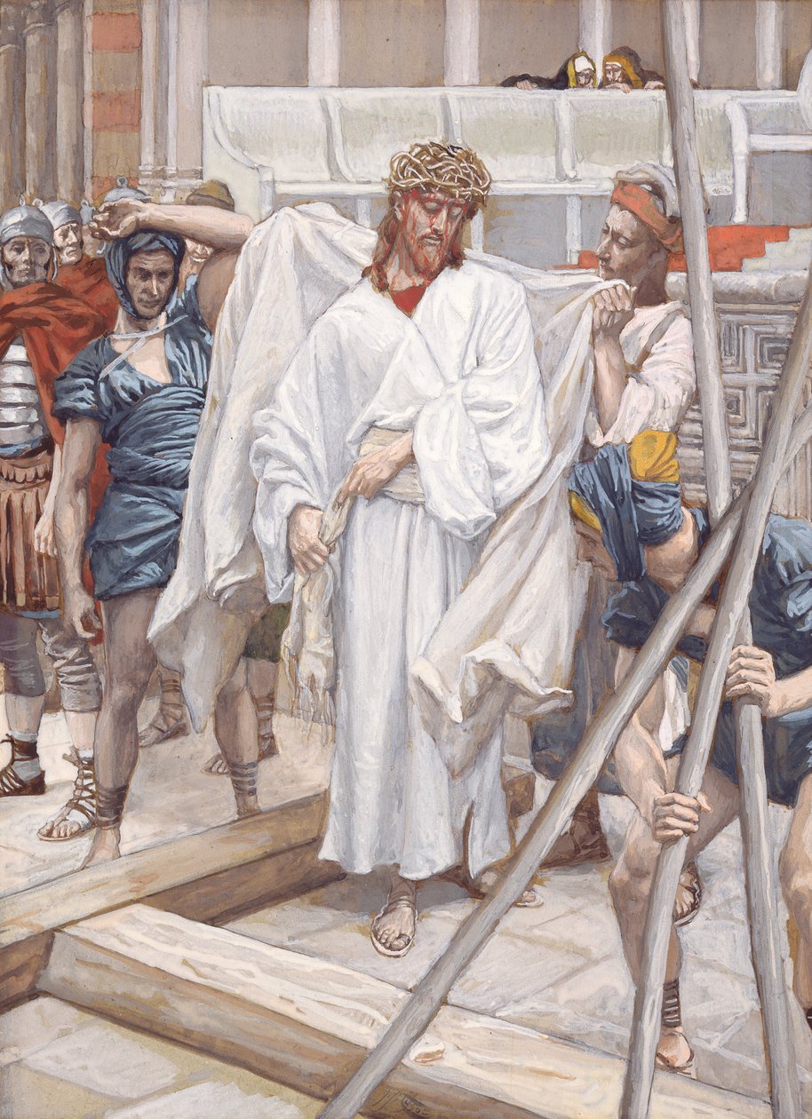 E eles o colocaram em sua própria vestimenta, ilustração para a vida de Cristo, c.1886-94 (wc e guache sobre papelão) de James Jacques Joseph Tissot