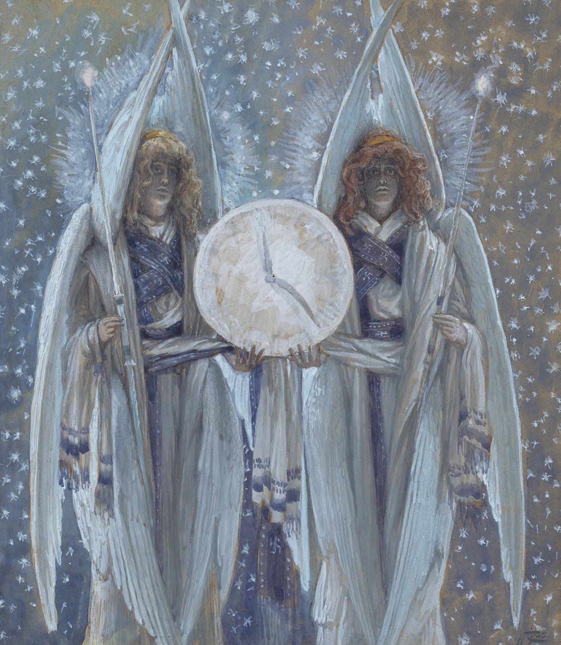 Anjos que Apóiam um Mostrador que Indica as Horas das Diferentes Cenas da Paixão, ilustração para A Vida de Cristo, c.1886-94 (wc e guache sobre papelão) de James Jacques Joseph Tissot
