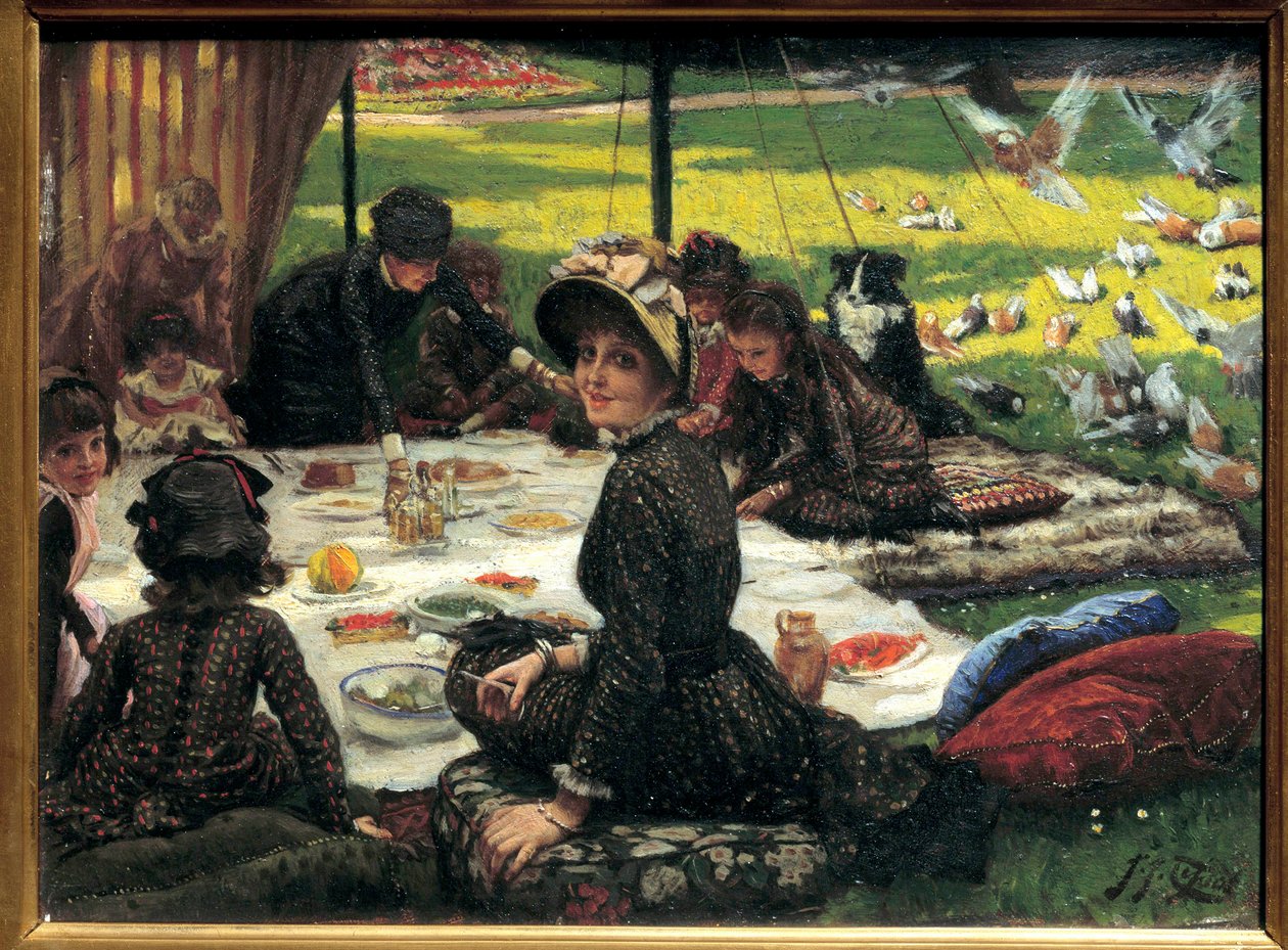 Pequeno-almoço na relva Cena cena do piquenique familiar. Pintura de Jacques Joseph (Jacques-Joseph) Tissot dit James Tissot (1836-1902) de James Jacques Joseph Tissot